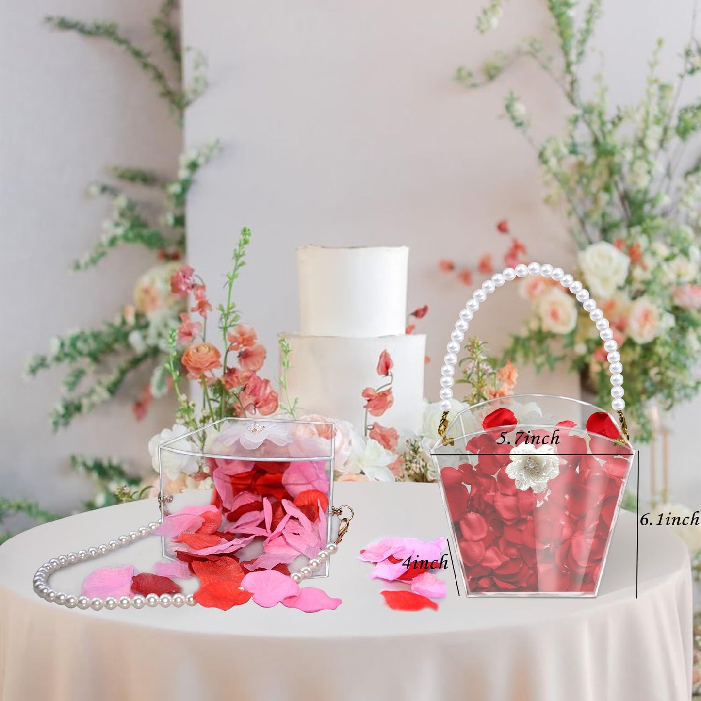 Clear Flower Girl Basket Fan Shape Wedding Petals Basket with Pearl Handle Acrylic Flower Holder for Confetti,Wedding Decoration (Fan Shape)