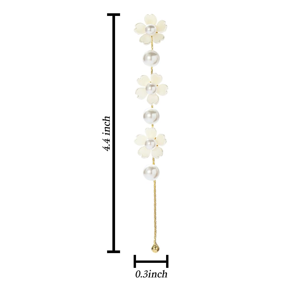 Long Pearl Flower Drop Earrings- Trendy Petal Pearl Dangle Earrings- Dainty Wedding Earrings Easy-Wear Fashion Statement Jewelry Gift For Women Brides