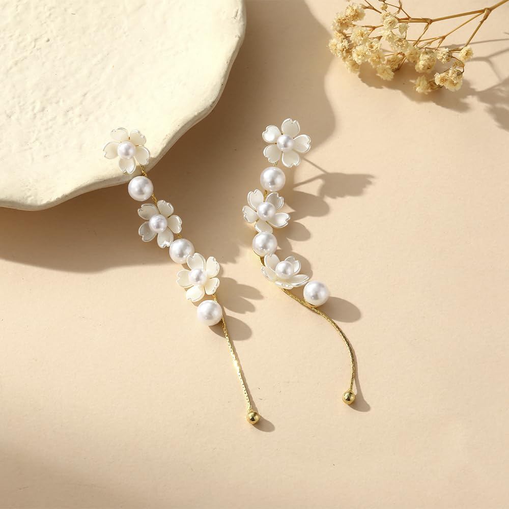 Long Pearl Flower Drop Earrings- Trendy Petal Pearl Dangle Earrings- Dainty Wedding Earrings Easy-Wear Fashion Statement Jewelry Gift For Women Brides