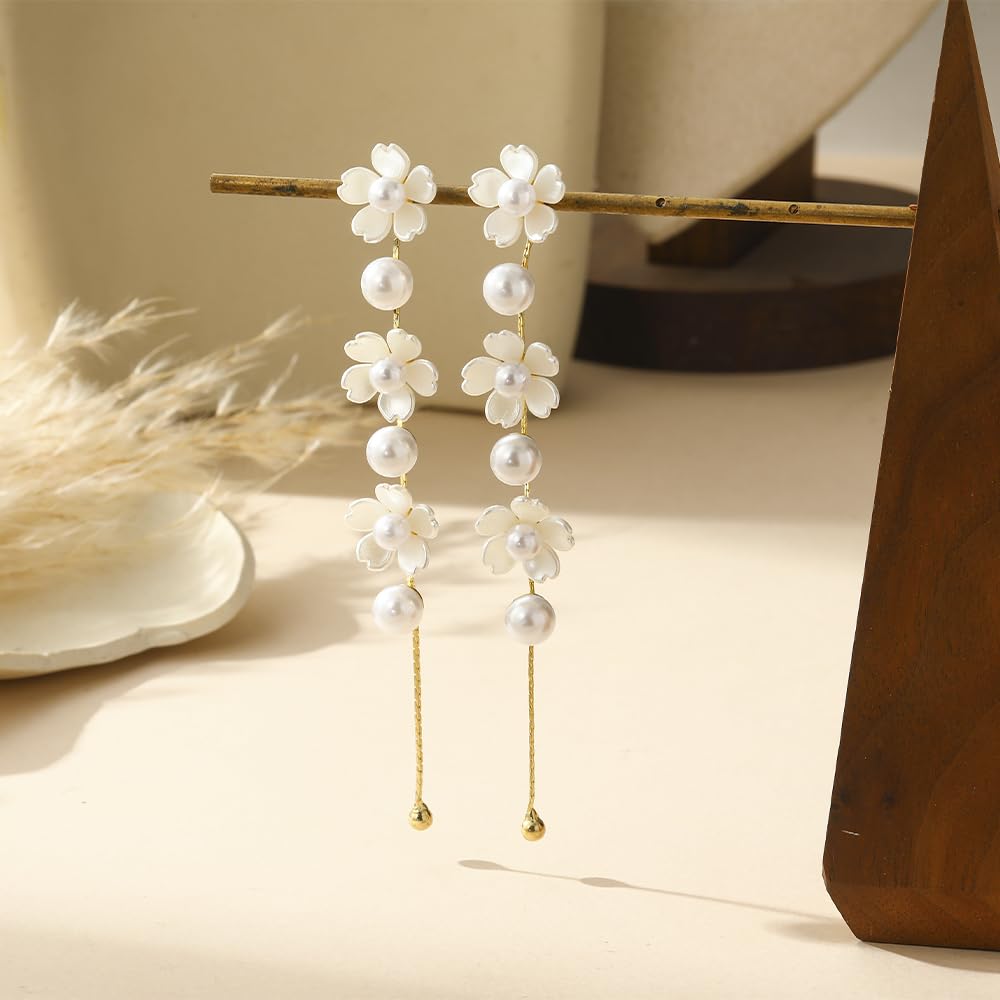 Long Pearl Flower Drop Earrings- Trendy Petal Pearl Dangle Earrings- Dainty Wedding Earrings Easy-Wear Fashion Statement Jewelry Gift For Women Brides