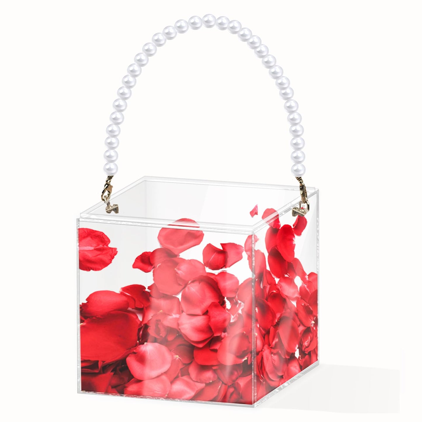 Flower Girl Basket Wedding Basket Petals basket with ribbon Acrylic Flower Holder for Confetti (Pearl)