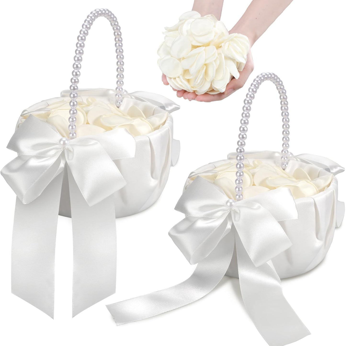 1 Pack Wedding Flower Girl Basket with 200Pcs Silk Petals, Pearl Handle and Ribbon Bow Wedding basket - Artificial Flowers for Romantic Night Bridal Party Home Decorations(Ribbon Bow)