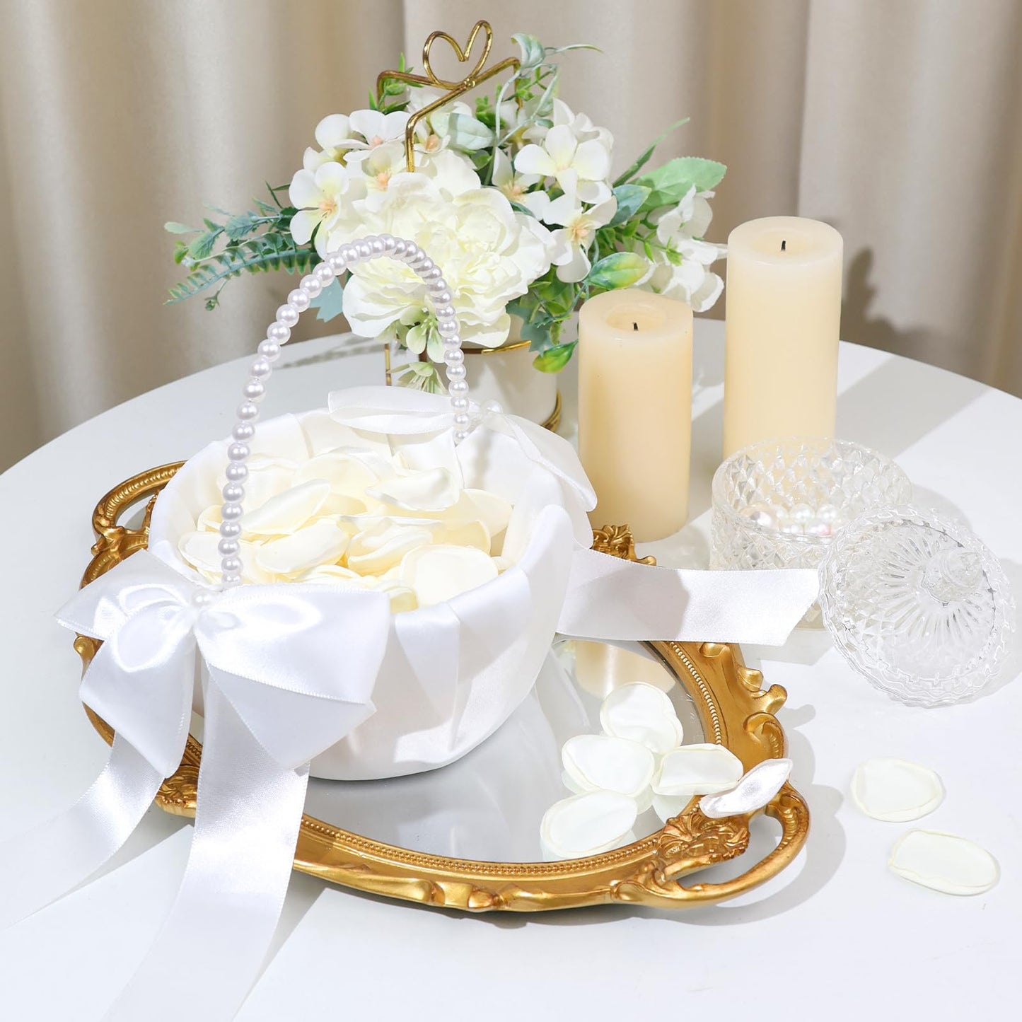 1 Pack Wedding Flower Girl Basket with 200Pcs Silk Petals, Pearl Handle and Ribbon Bow Wedding basket - Artificial Flowers for Romantic Night Bridal Party Home Decorations(Ribbon Bow)