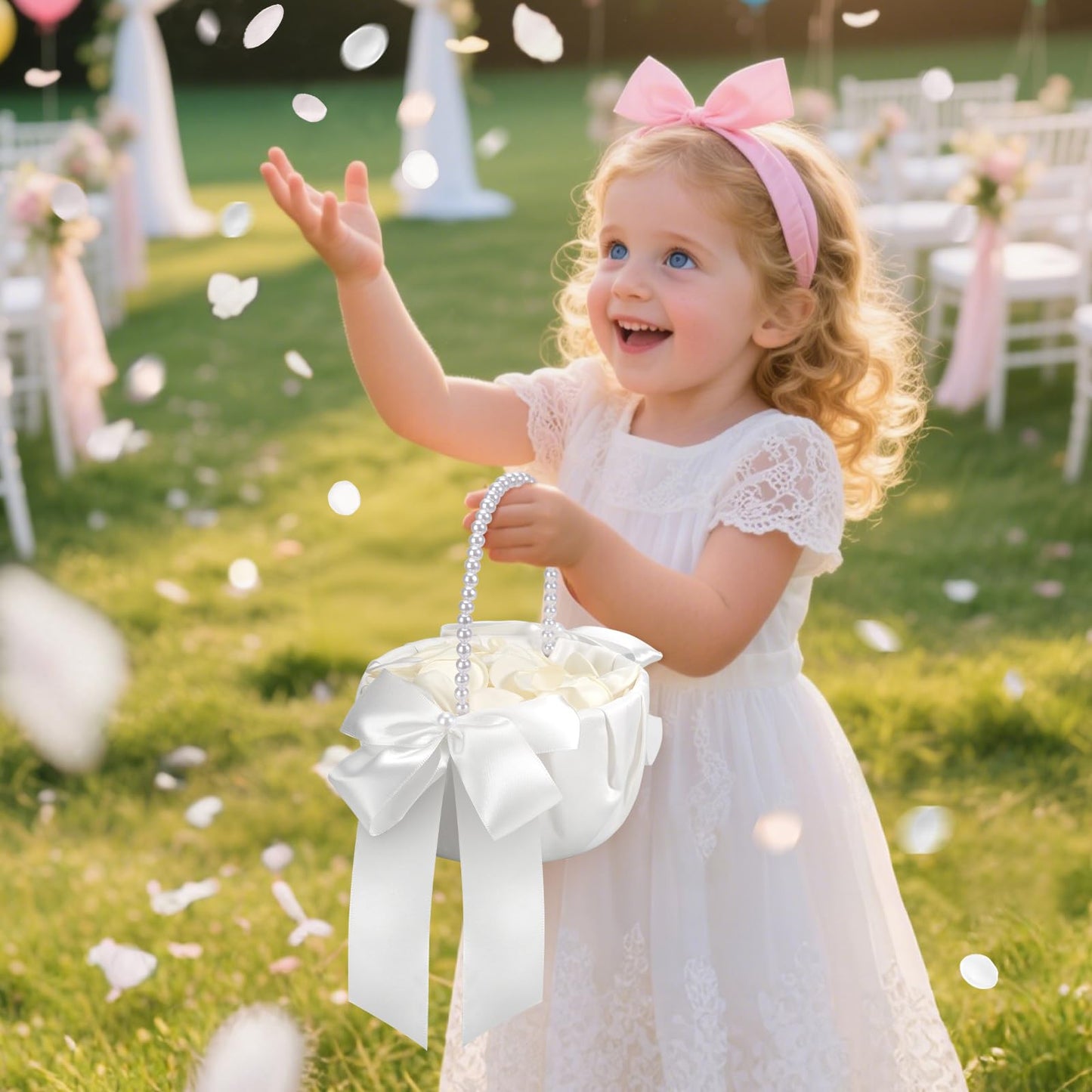 1 Pack Wedding Flower Girl Basket with 200Pcs Silk Petals, Pearl Handle and Ribbon Bow Wedding basket - Artificial Flowers for Romantic Night Bridal Party Home Decorations(Ribbon Bow)