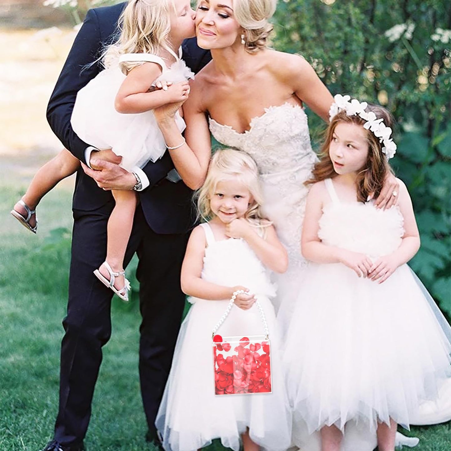 Flower Girl Basket Wedding Basket Petals basket with ribbon Acrylic Flower Holder for Confetti (Pearl)