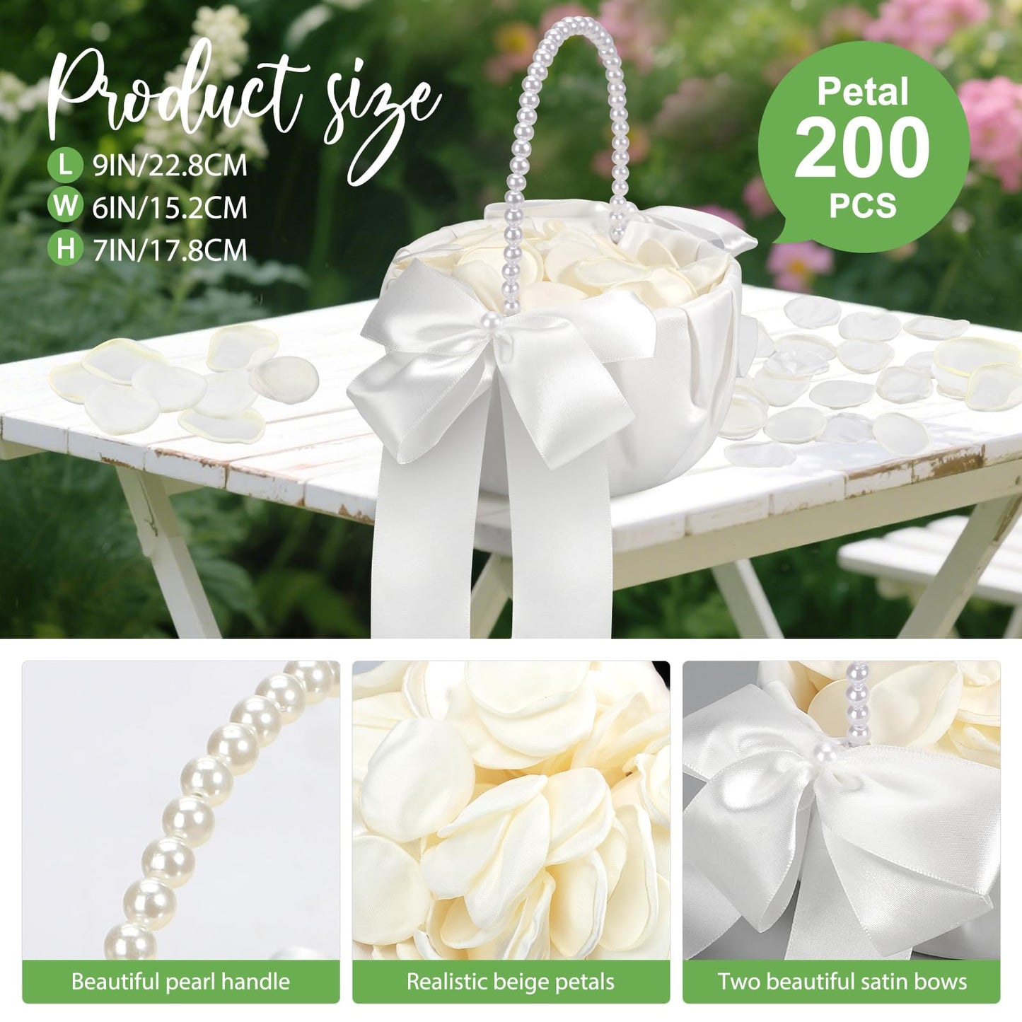 1 Pack Wedding Flower Girl Basket with 200Pcs Silk Petals, Pearl Handle and Ribbon Bow Wedding basket - Artificial Flowers for Romantic Night Bridal Party Home Decorations(Ribbon Bow)