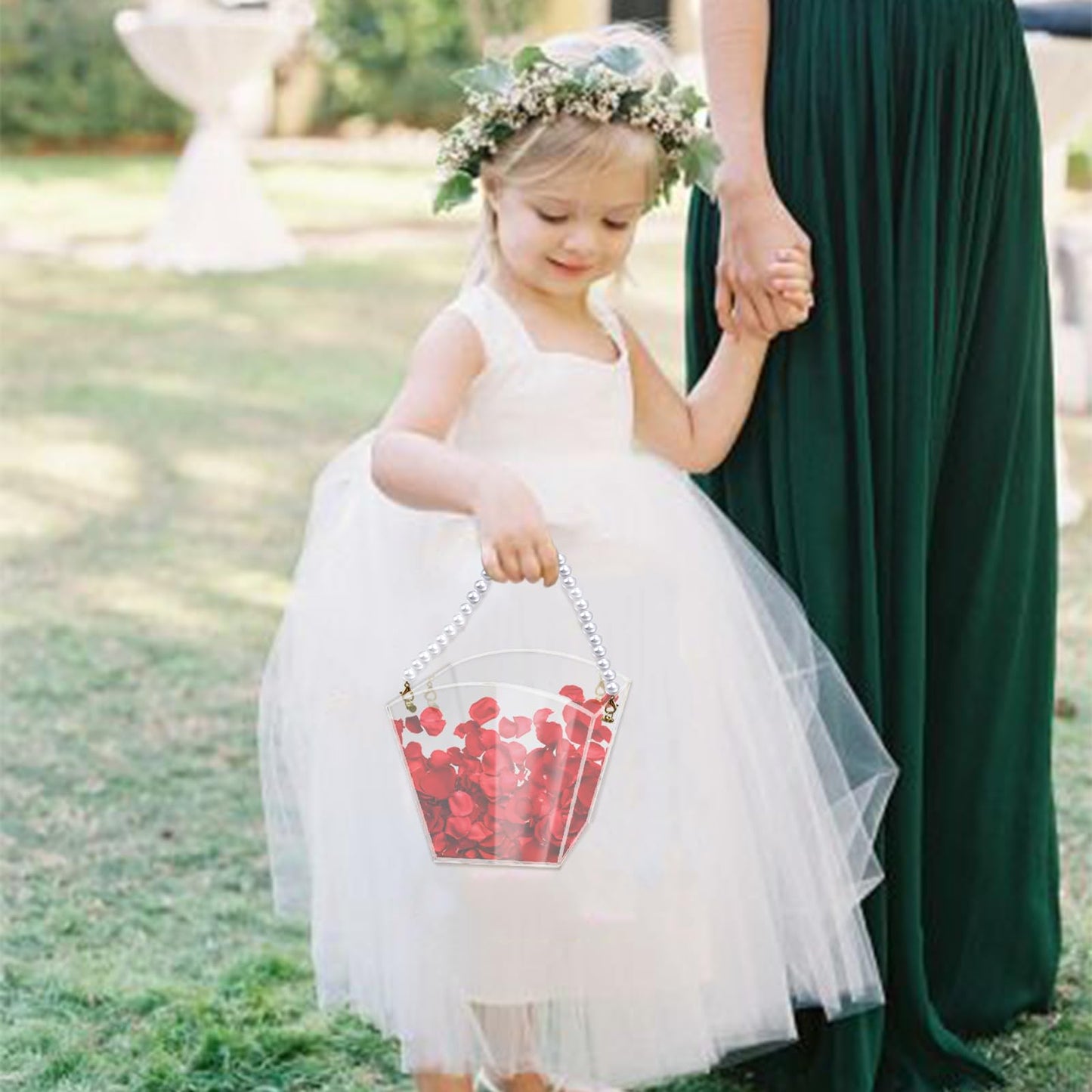 Clear Flower Girl Basket Fan Shape Wedding Petals Basket with Pearl Handle Acrylic Flower Holder for Confetti,Wedding Decoration (Fan Shape)