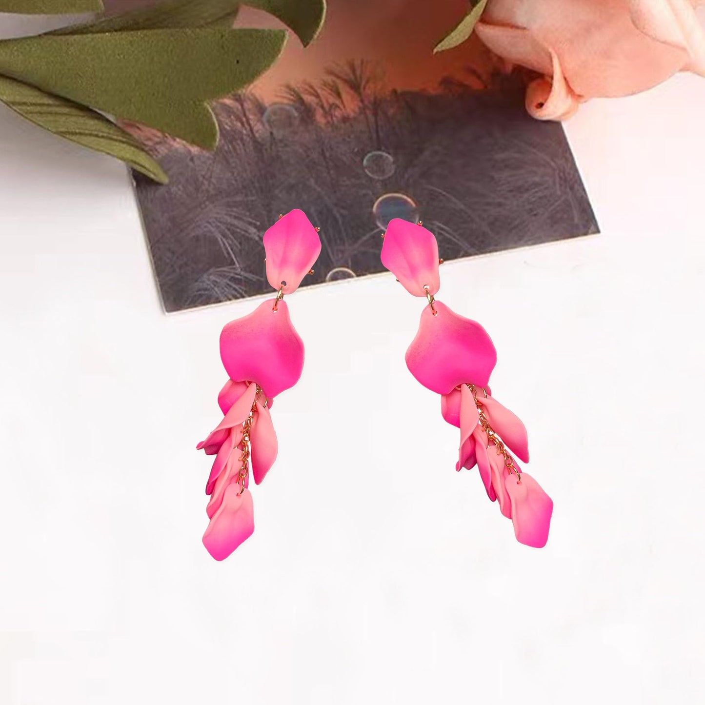 Long Acrylic Rose Petal Earrings Dangle Exaggerated Flower Earrings Drop Statement Floral Tassel Earrings for Women