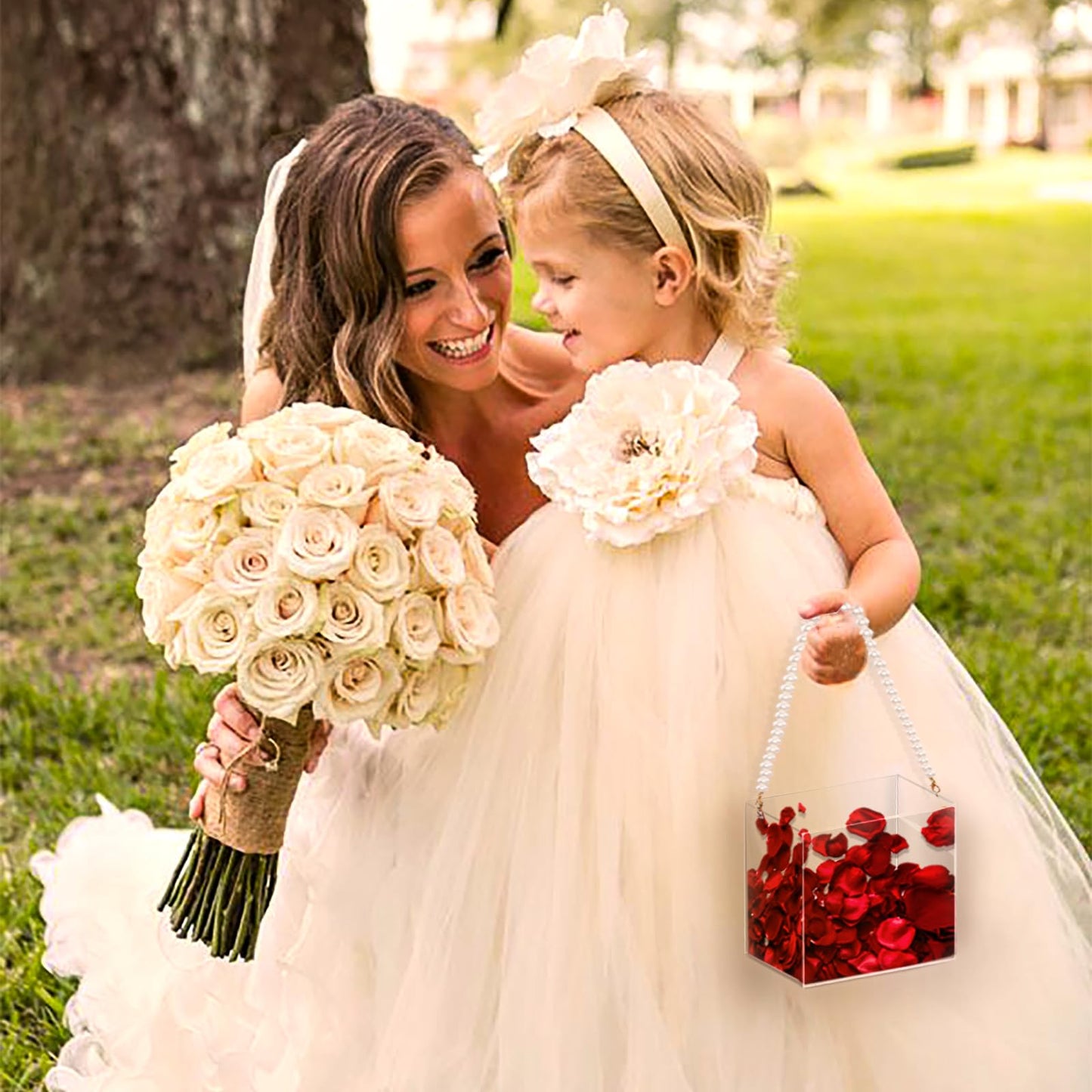 Flower Girl Basket Wedding Basket Petals basket with ribbon Acrylic Flower Holder for Confetti (Pearl)