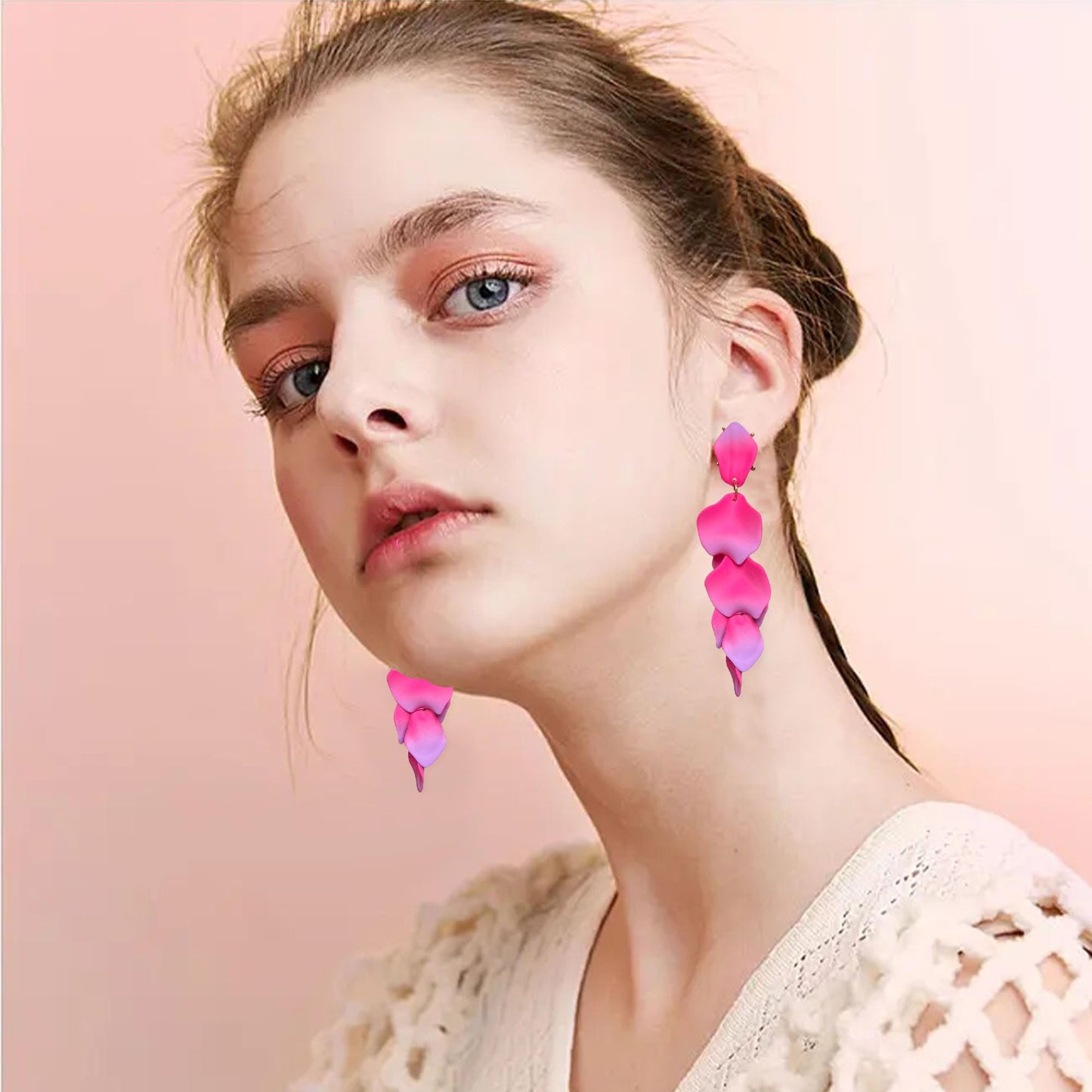 Long Acrylic Rose Petal Earrings Dangle Exaggerated Flower Earrings Drop Statement Floral Tassel Earrings for Women