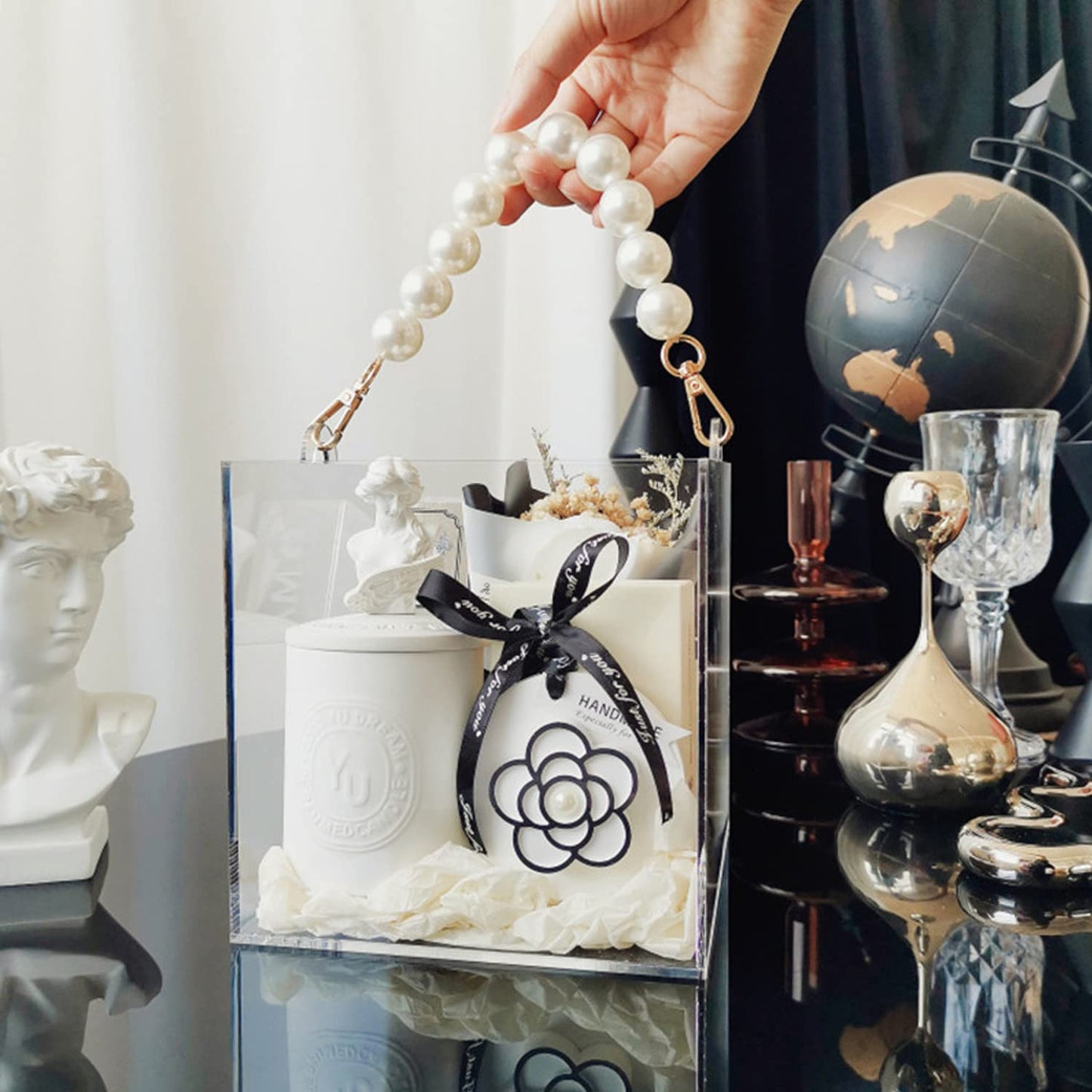 Flower Girl Basket Wedding Basket Petals basket with ribbon Acrylic Flower Holder for Confetti (Pearl)