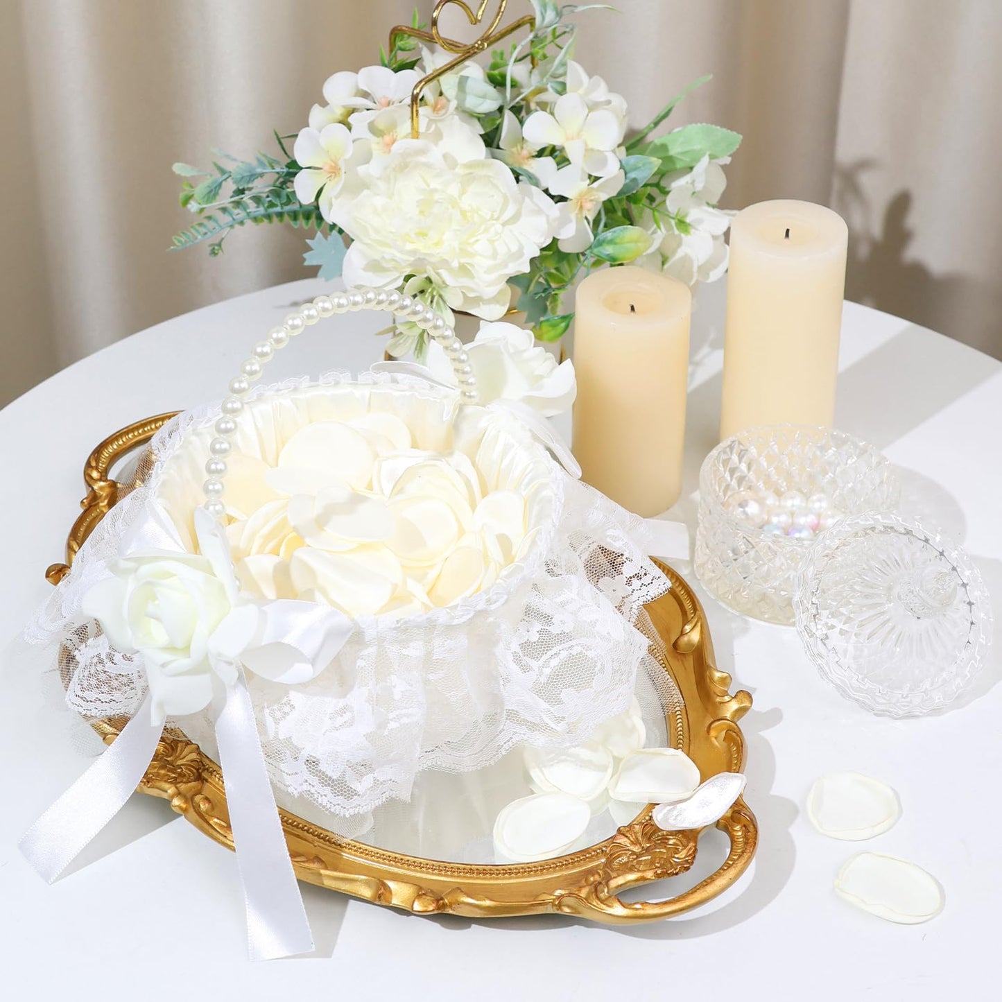 1 Pack Wedding Flower Girl Basket with 200Pcs Silk Petals, Pearl Handle and Ribbon Bow Wedding basket - Artificial Flowers for Romantic Night Bridal Party Home Decorations(Ribbon Bow)