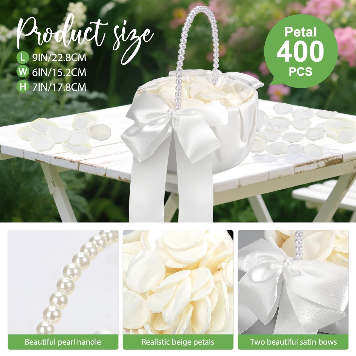 1 Pack Wedding Flower Girl Basket with 200Pcs Silk Petals, Pearl Handle and Ribbon Bow Wedding basket - Artificial Flowers for Romantic Night Bridal Party Home Decorations(Ribbon Bow)