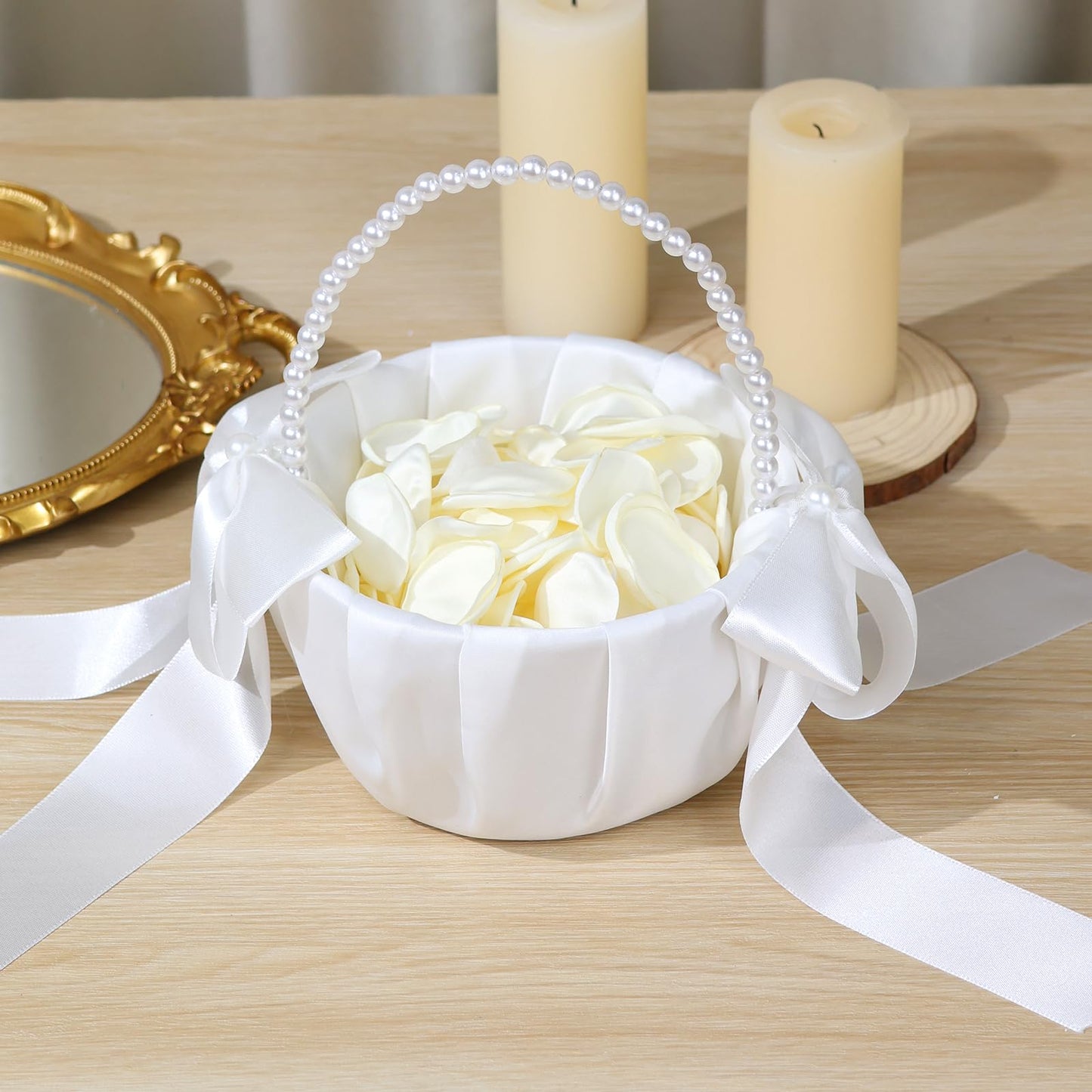 1 Pack Wedding Flower Girl Basket with 200Pcs Silk Petals, Pearl Handle and Ribbon Bow Wedding basket - Artificial Flowers for Romantic Night Bridal Party Home Decorations(Ribbon Bow)