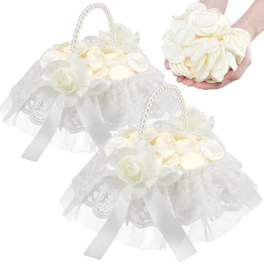 1 Pack Wedding Flower Girl Basket with 200Pcs Silk Petals, Pearl Handle and Ribbon Bow Wedding basket - Artificial Flowers for Romantic Night Bridal Party Home Decorations(Ribbon Bow)