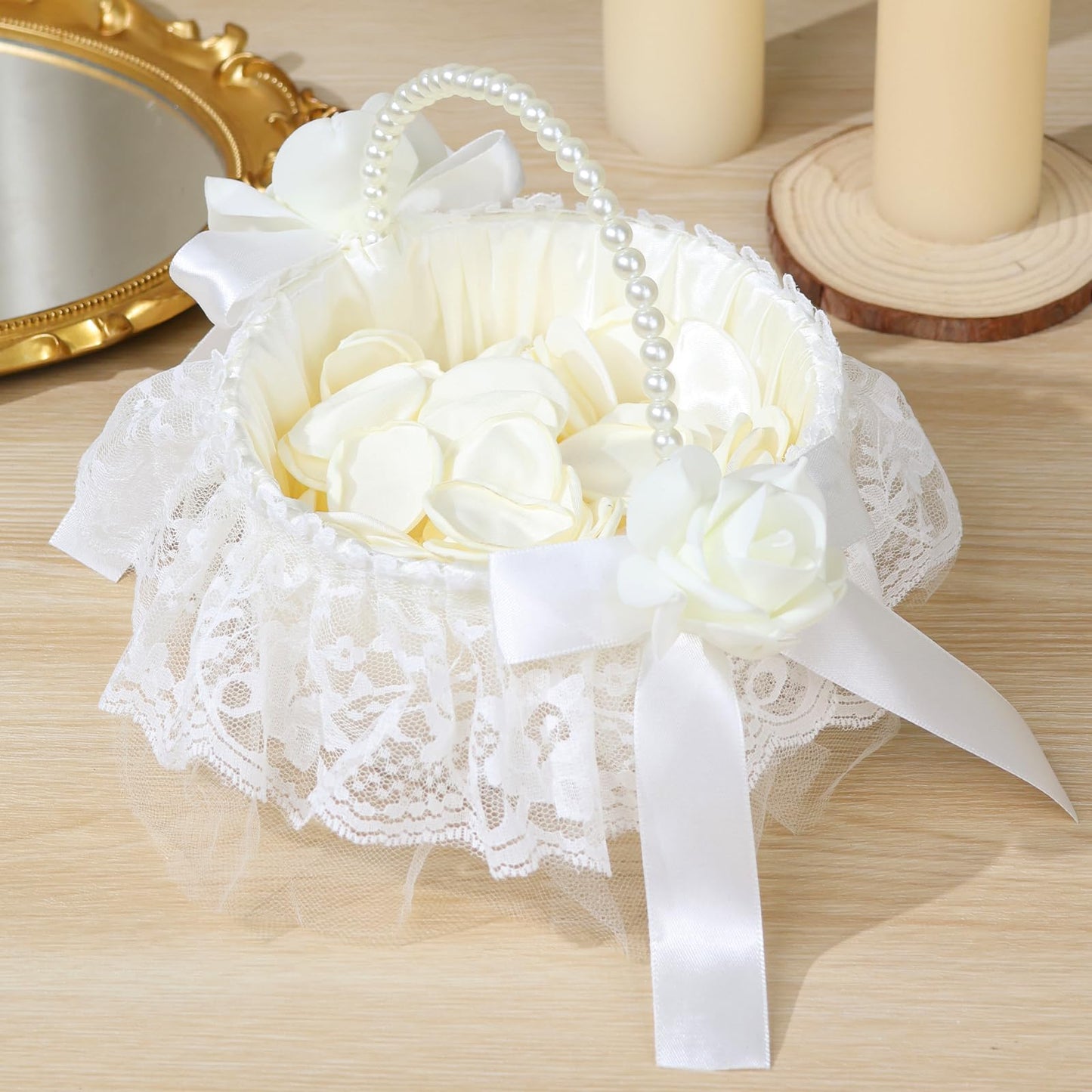 1 Pack Wedding Flower Girl Basket with 200Pcs Silk Petals, Pearl Handle and Ribbon Bow Wedding basket - Artificial Flowers for Romantic Night Bridal Party Home Decorations(Ribbon Bow)