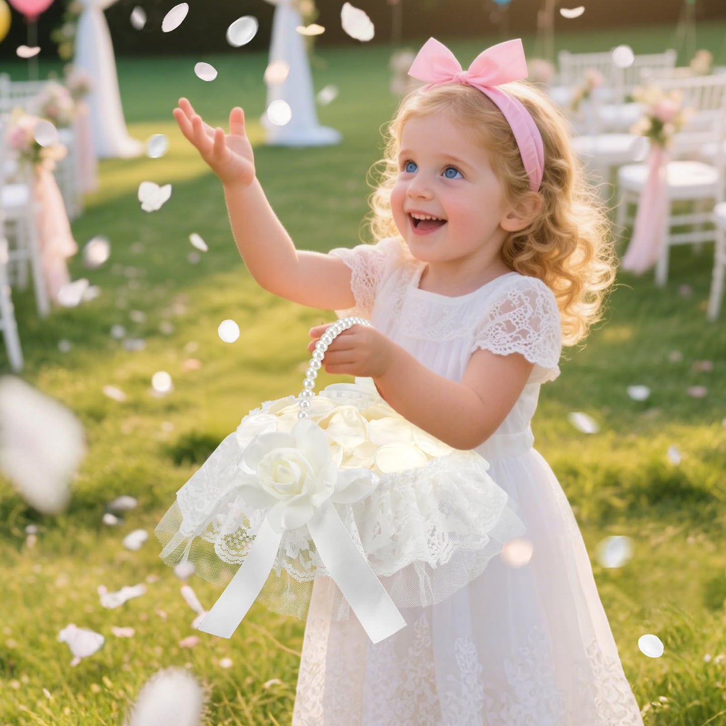 1 Pack Wedding Flower Girl Basket with 200Pcs Silk Petals, Pearl Handle and Ribbon Bow Wedding basket - Artificial Flowers for Romantic Night Bridal Party Home Decorations(Ribbon Bow)