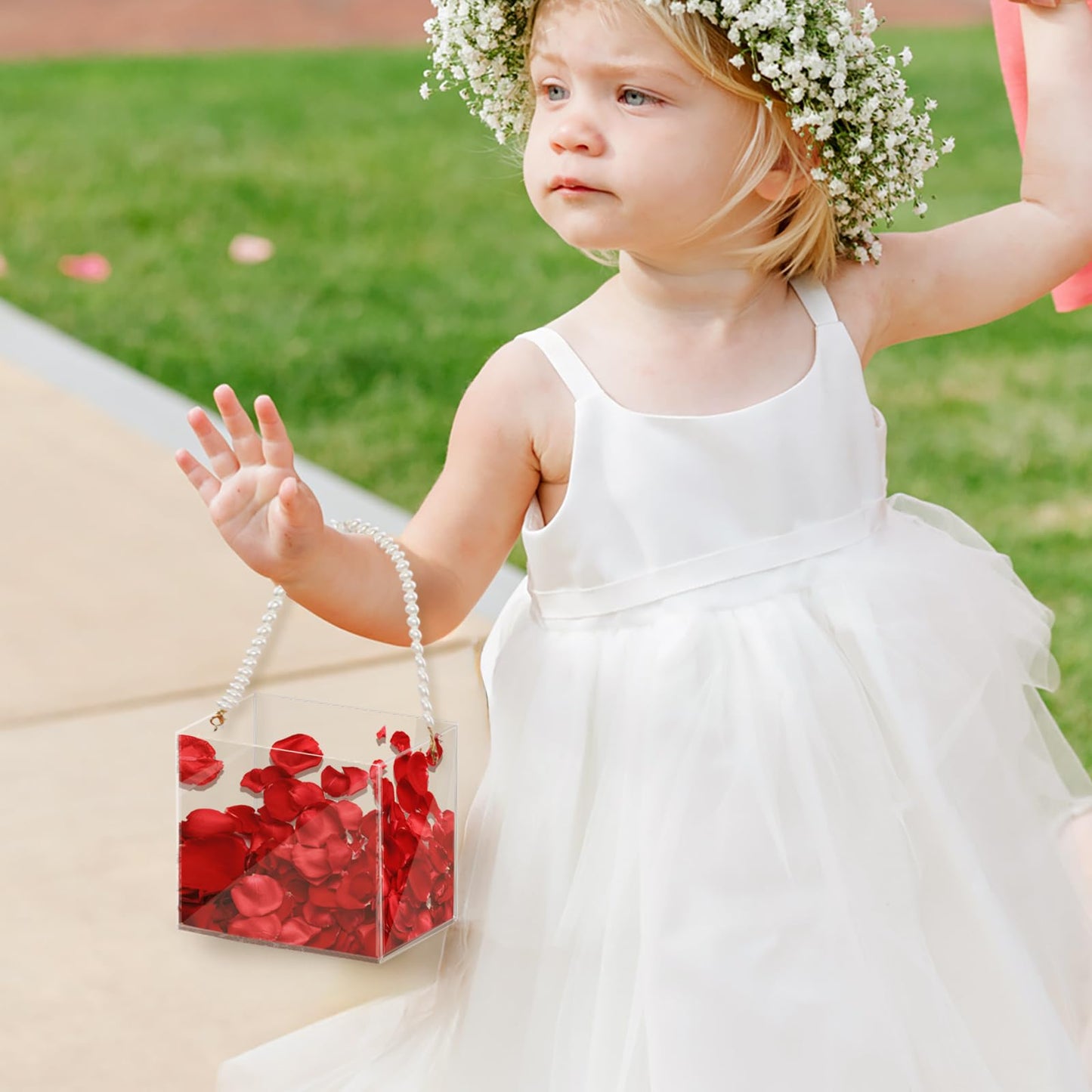 Flower Girl Basket Wedding Basket Petals basket with ribbon Acrylic Flower Holder for Confetti (Pearl)