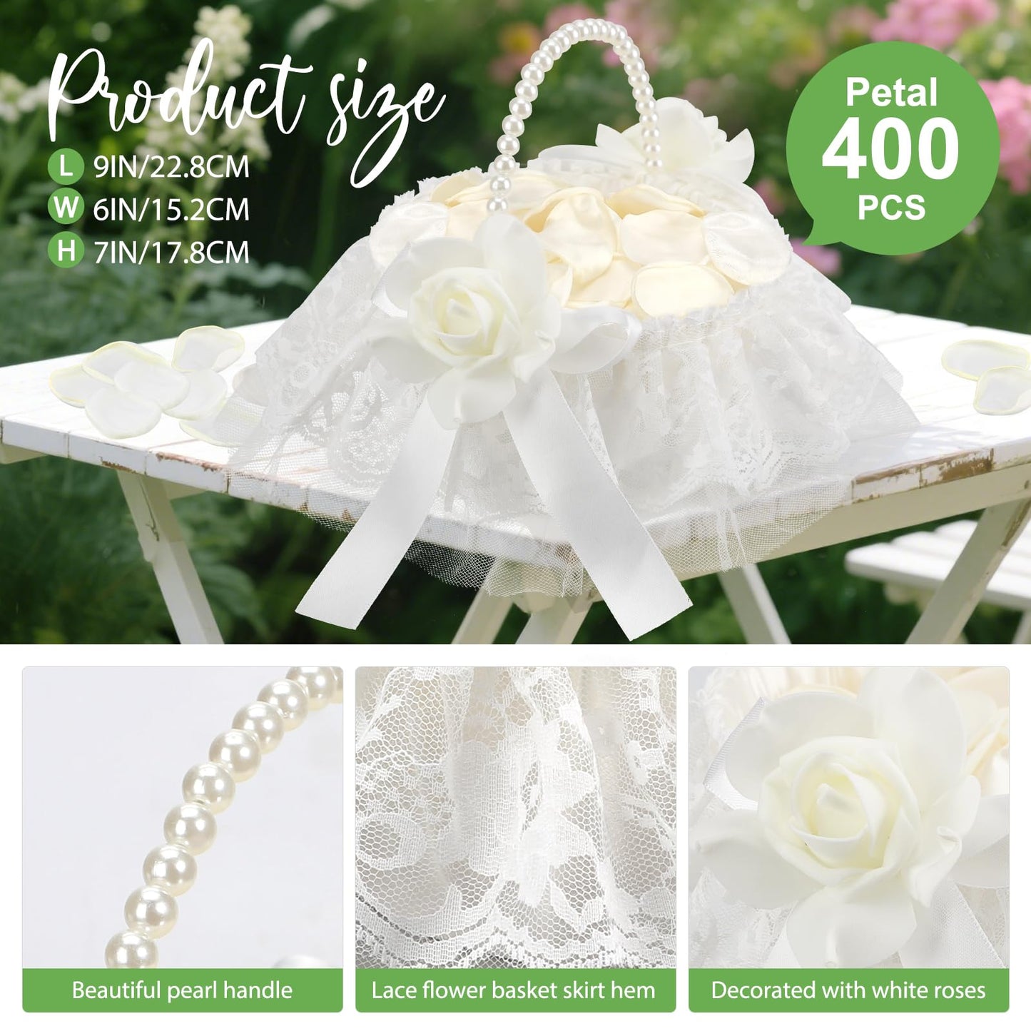 1 Pack Wedding Flower Girl Basket with 200Pcs Silk Petals, Pearl Handle and Ribbon Bow Wedding basket - Artificial Flowers for Romantic Night Bridal Party Home Decorations(Ribbon Bow)